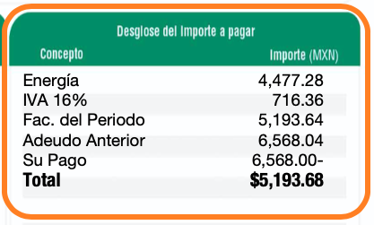 recibo cfe desglose del importe a pagar