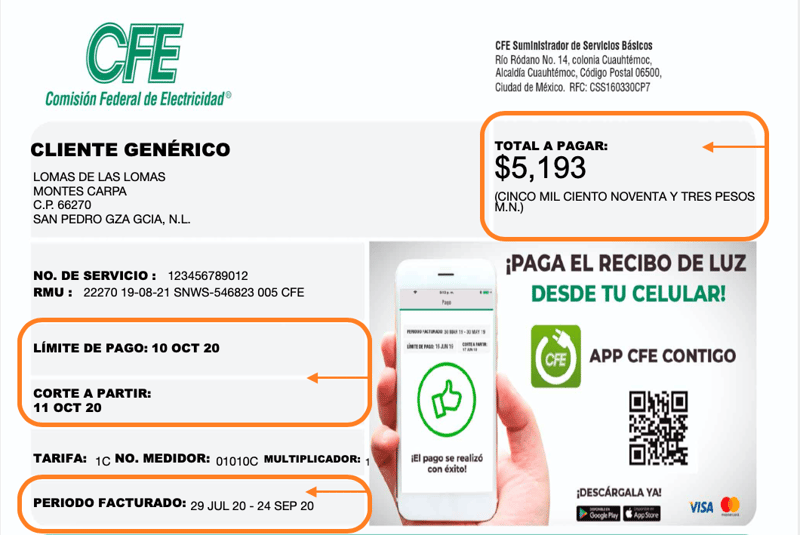 recibo cfe total a pagar